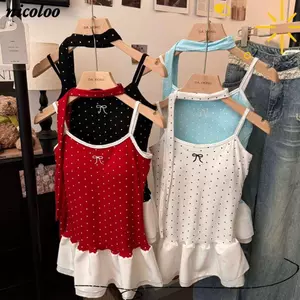 Áo hai dây NICOLOO, Chấm bi có ruy băng mùa hè, Chi tiết nơ thời trang Ruffle viền vải mềm Crop Top Phong cách đường phố