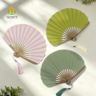 Quạt cầm tay gấp SENRTY, Quạt vỏ Mini bằng vải lanh Cotton màu trơn, Khung tre cổ điển với tua rua Hình vỏ Retro Quạt cầm tay Đạo cụ khiêu vũ