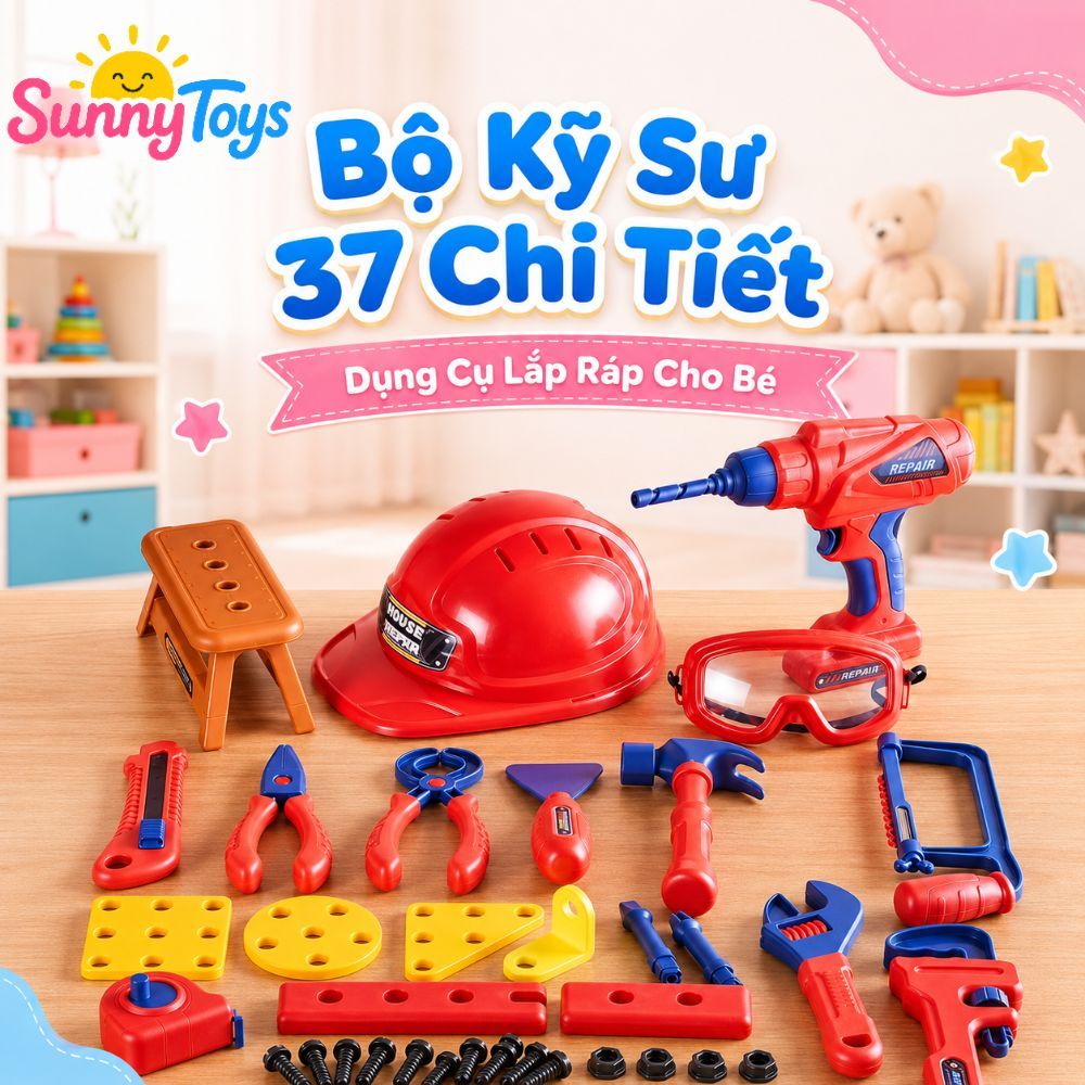 Bộ Đồ Nghề Kỹ Sư Nhí 37 Món SunnyToys - Khoan Điện, Mũ Và Kính Cho Bé Chơi Lắp Ráp