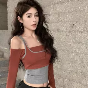 Áo thun ngắn hai mảnh giả kiểu Mỹ Hot Girl phong cách mới dành cho nữ Thiết kế đầu mùa thu Áo một vai hai cánh