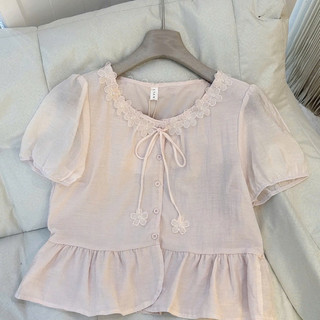Áo Kiểu Nữ Tay Ngắn Cổ Hoa 3D Phong Cách Pháp Dáng Babydoll Viền Bèo Nhún Thanh Lịch Mùa Hè 2026 Hot Trend