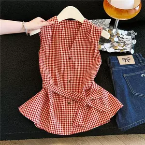 Áo sơ mi không tay kẻ sọc màu đỏ phong cách mới mùa hè Nơ viền viền ô phong cách Hàn Quốc Mặc hàng ngày
