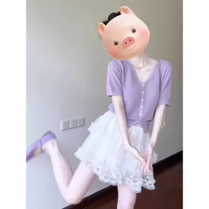 Tím Băng Lụa Dệt Kim Ngắn Tay Cổ Chữ V Áo Thun Nữ Mỏng Dopamine Ngắn Phong Cách Phương Tây Thẻ Eo Top 6.23