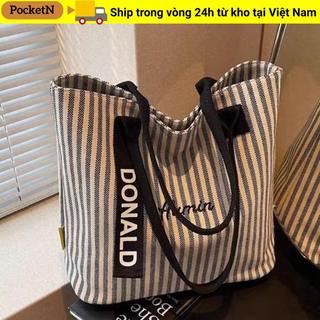 Túi Tote POCKETN, Túi đeo vai sọc vải, Túi đi lại công suất lớn đa chức năng thông thường dành cho nữ