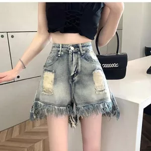 Quần Jean Frayed Nữ Mỹ Retro Phong Cách Mới Rời Quần Thẳng Quần Short Quần Nóng Quần