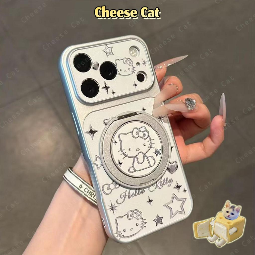 Ốp Điện Thoại Da Kitty Dây Bạc Có Chân Đế Xoay Bằng Kim Loại Cho iPhone 16 17 13 14 15 Plus 12 11 Pro Max Xs XR