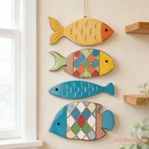 4 Bộ trang trí bờ biển cá bằng gỗ Trang trí phòng theo chủ đề bãi biển Trang trí tác phẩm điêu khắc treo tường cổ điển Đồ trang trí