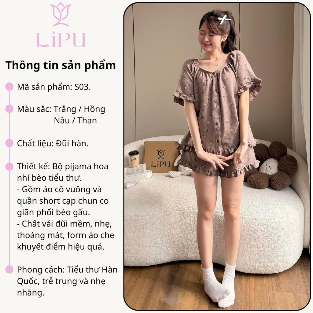 Set Pyjama Cộc Cổ Vuông Hoạ Tiết Hoa Nhí Phối Bèo S03 LIPU