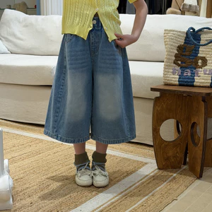 Quần Trẻ Em 2026 Bé Gái Phiên Bản Hàn Quốc Retro Denim Mềm Mại Quần Ống Rộng Trẻ Em Quần Crop Rời