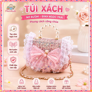 Túi xách cho bé gái – Nơ bướm, đính ngọc trai, phong cách công chúa, đeo chéo, xách tay, chất liệu dạ cao cấp, đi chơi