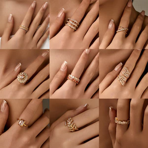 Nhẫn nữ có thể điều chỉnh tinh tế Nhẫn zircon trồng vàng Bộ sưu tập nhẫn phong cách Châu Âu và Mỹ kim loại cảm giác và trang sức tay phổ biến thanh lịch
