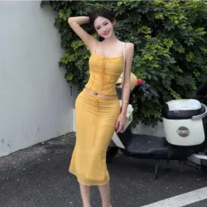 Áo yếm khâu hai mảnh giả có dây buộc + Váy bó sát gạc cho nữ mùa hè