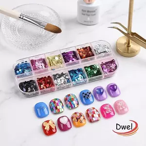 DWEL Nail Art Sequins, 12 Lưới Laser Sáng Bóng Móng Tay Lấp Lánh Mảnh, Hình Vuông Hình Chữ Nhật Hình Ba Chiều Trang Trí Móng Tay Phụ Kiện DIY Trang Trí