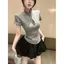 Áo thun ngắn tay dây kéo kim cương công nghiệp nặng dành cho nữ mùa hè Mỹ Hot Girl Sports Niche Áo cổ đứng cao cấp