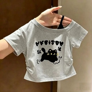 Áo thun bé gái in hình mèo dễ thương mùa hè - áo croptop lệch vai ôm dáng tôn eo thời trang