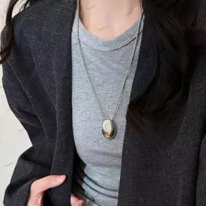 Vòng cổ Choker nữ PYCOU, Vòng cổ mặt dây chuyền kim loại hình học, Phụ kiện áo len dài hình bầu dục cỡ lớn cổ điển