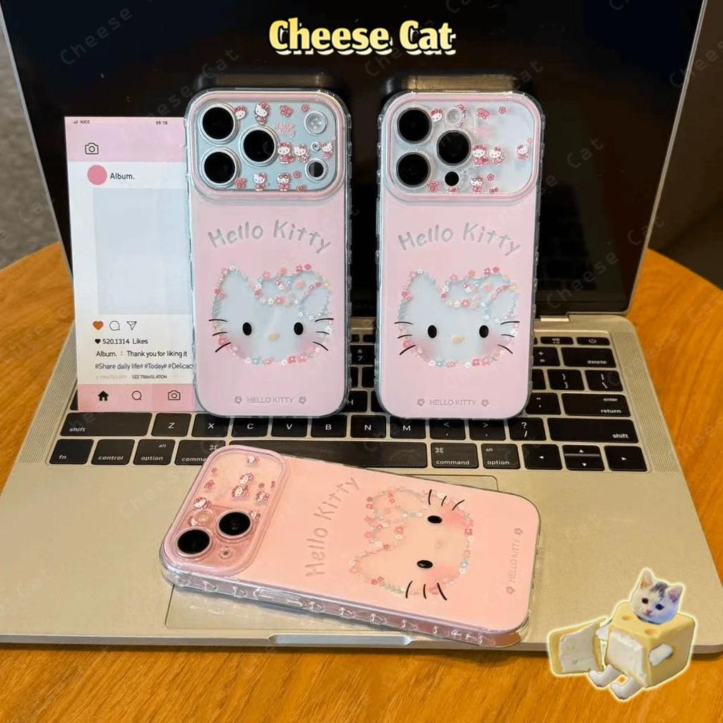 Ốp điện thoại kính hình Kitty mèo rỗng màu hồng cho iPhone Xs Max XR 13 14 15 16 17 Pro Max 12 11 17 Air