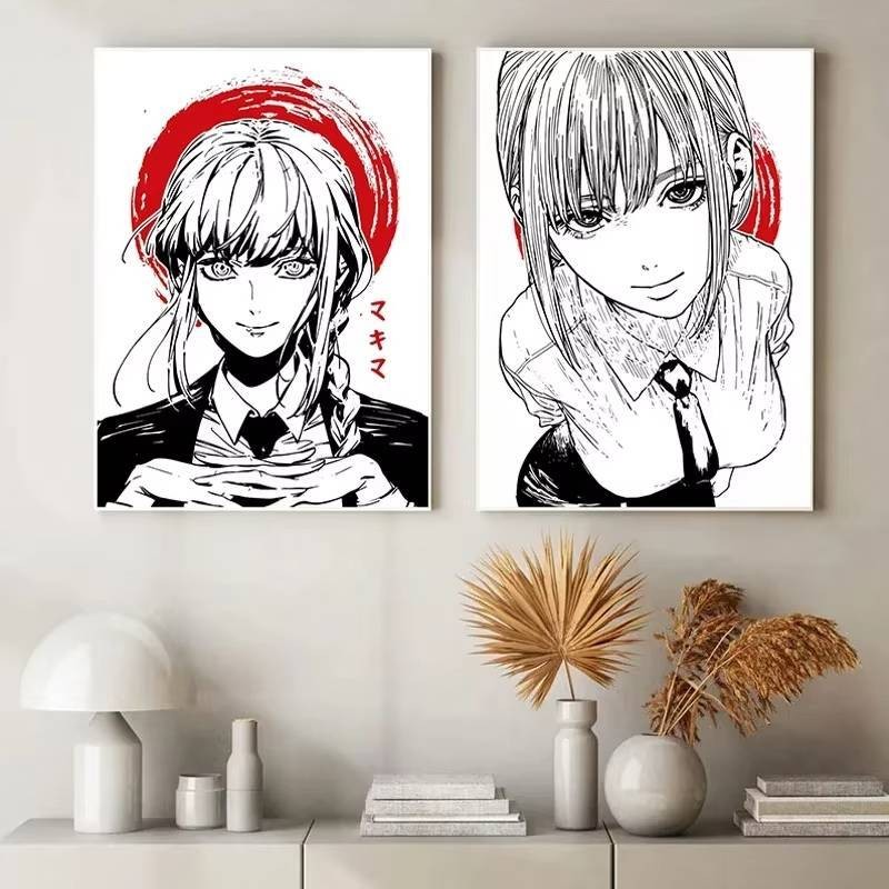 Canvas In Poster Phổ Biến Người Cưa Xích anime Nhật Bản Makima Poster Dòng Mực Phong Cách Retro Treo Tường Nghệ Thuật Trang Trí Phòng Nhà