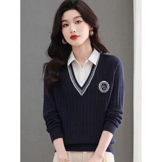 Áo sơ mi cổ dệt kim dài tay thiết kế hai mảnh như áo len nữ, phiên bản Hàn Quốc, phù hợp thu đông.