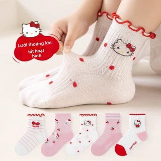 Bộ tất cotton mỏng thoáng khí Hello Kitty cho bé gái – Vớ lưới trung cổ viền hoa dễ thương 5 đôi
