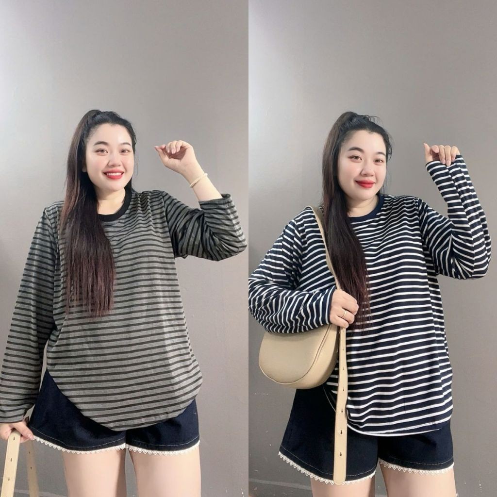 Áo thun Nữ Bigsize CÔ NHỎ Phom Rộng Dài Tay Cổ Tròn Kẻ Sọc Thun Cotton Co Giãn Nhẹ - A296