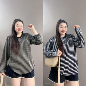 Áo thun Nữ Bigsize CÔ NHỎ Phom Rộng Dài Tay Cổ Tròn Kẻ Sọc Thun Cotton Co Giãn Nhẹ - A296