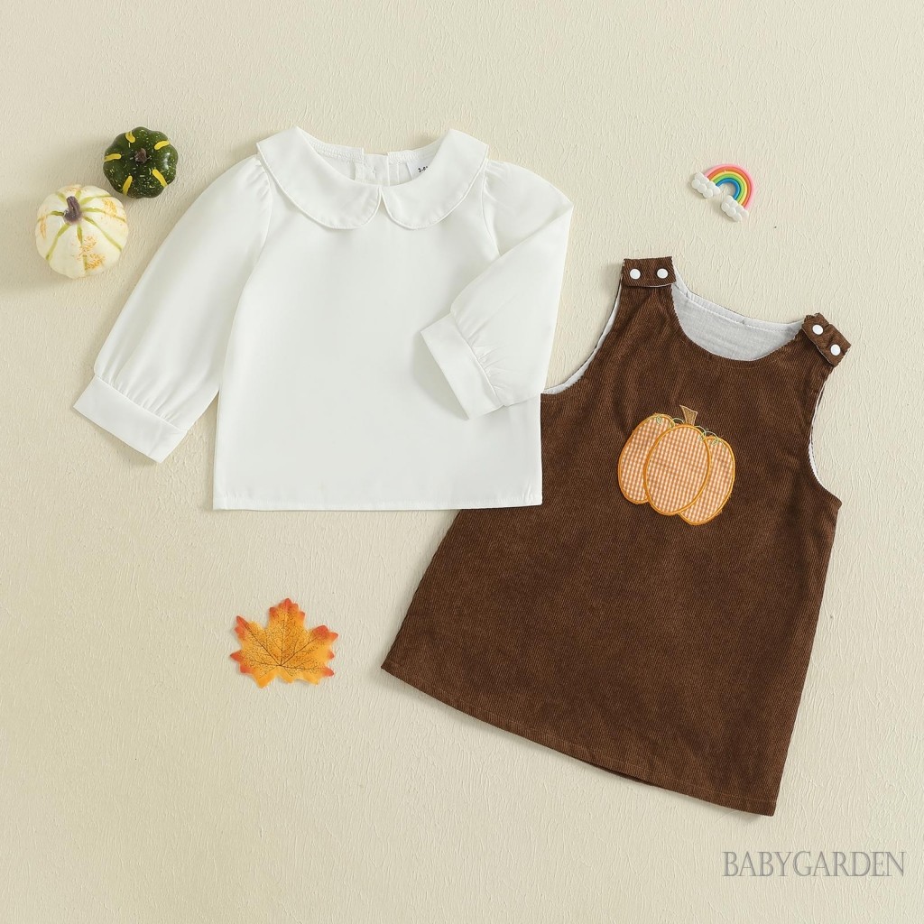 Bộ trang phục Halloween cho bé gái mới biết đi Áo sơ mi dài tay cổ búp bê và váy thêu bí ngô