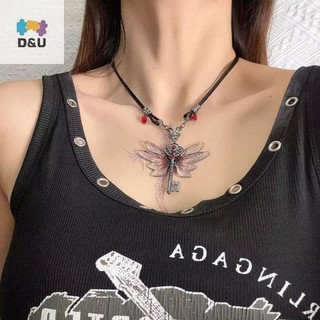 Pufangstar Y2K Chuồn Chuồn Chìa Khóa Đỏ Zircon, Mặt Dây Chuyền Phong Cách Retro Punk, Thời Trang Nữ