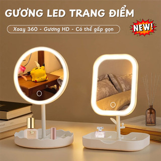 Gương Đèn LED Trang Điểm Thông Minh 3 Chế Độ Sáng, Gương Makeup Để Bàn Kèm Khay Đựng Đa Năng