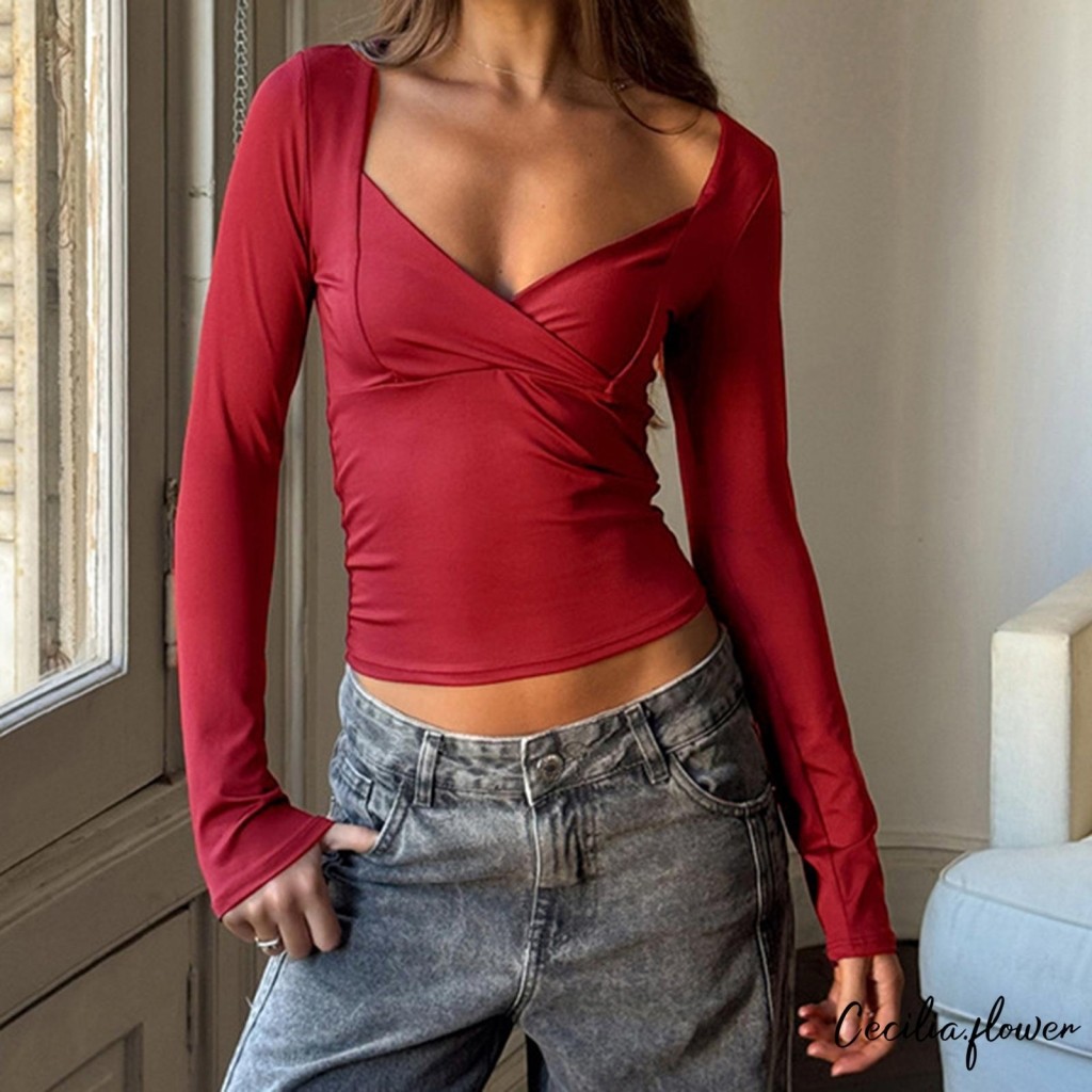 Crop Top Cổ Chữ V Tay Dài Ôm, Thích Hợp Dạo Phố