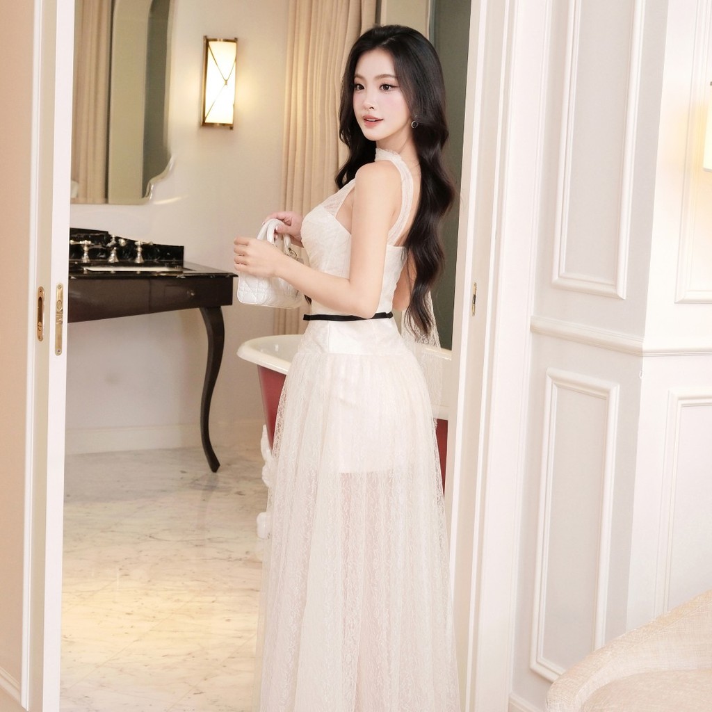 Đầm lưới kem form xòe bồng Khiết Fashion thiết kế thả dây lơi mềm mại phong cách tiểu thư sang trọng KD322