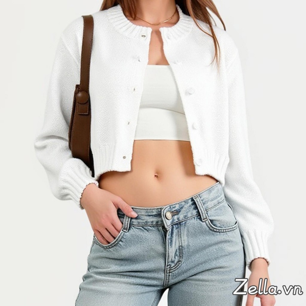 Áo len Cardigan cổ tròn dài tay màu trơn cho nữ mùa thu