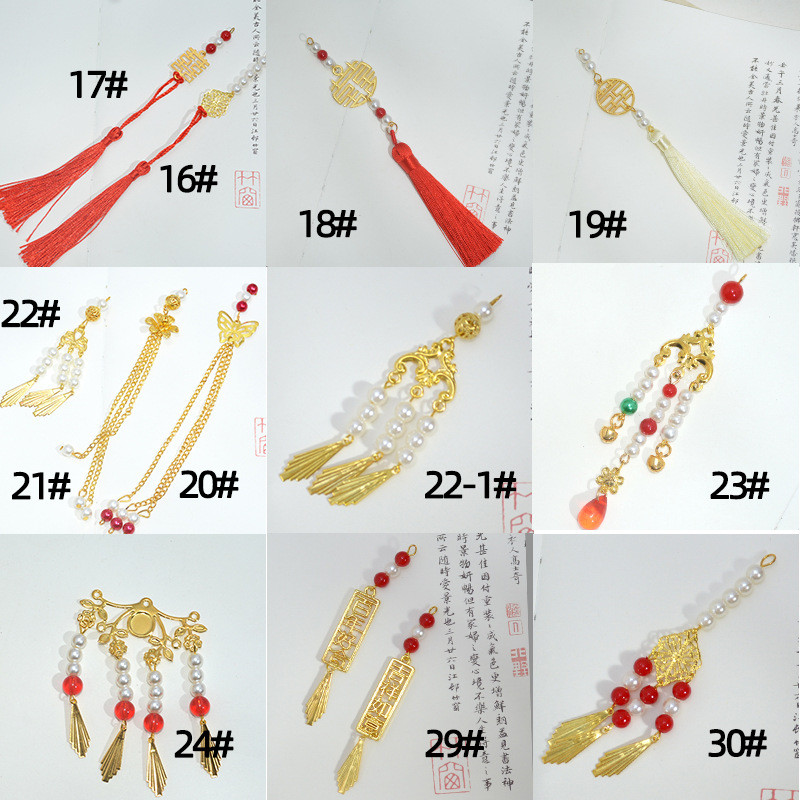 Quạt tua rua lớn màu đỏ họa tiết phượng hoàng kèm mặt dây chuyền ngọc trai - Bộ phụ kiện trang sức sang trọng