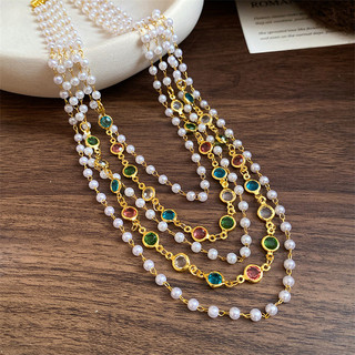 Vòng cổ hạt ngọc trai thủy tinh nhiều lớp, dây chuyền xương đòn phong cách cổ điển
