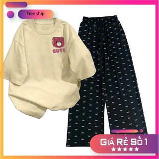 Bộ sét quần rộng hoạ tiết nơ  cạp chun+và áo phông gấu hồng chữ CUTE trẻ trung, sành điệu unisex-THUBA