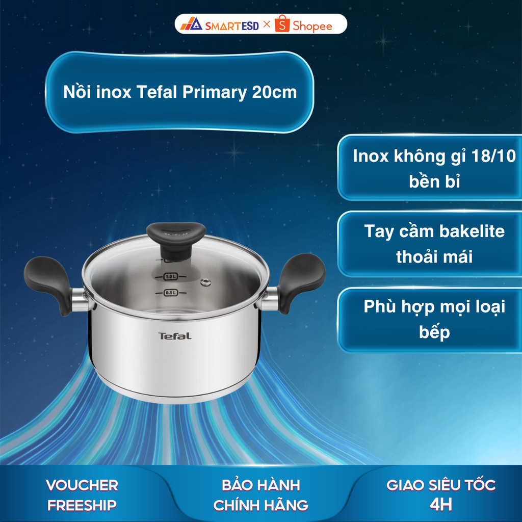 Nồi inox Tefal Primary 20cm (E3084435) - Sử dụng cho mọi loại bếp - Bảo hành chính hãng 24 tháng