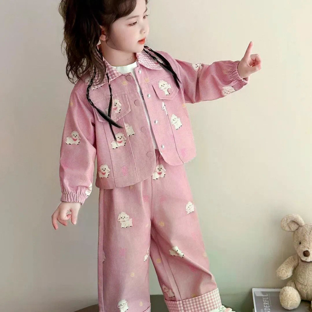 Bộ đồ Denim giản dị cho bé gái Phong cách mới Áo khoác thời trang mùa xuân thu phong cách quần ống rộng