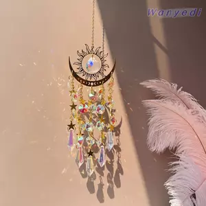 Mặt dây chuyền pha lê WANYEDI, Đèn chiếu sáng mặt trời đầy màu sắc ngọn lửa vàng, Đồ trang trí treo đồ trang trí Moon Dream Catcher ngoài trời