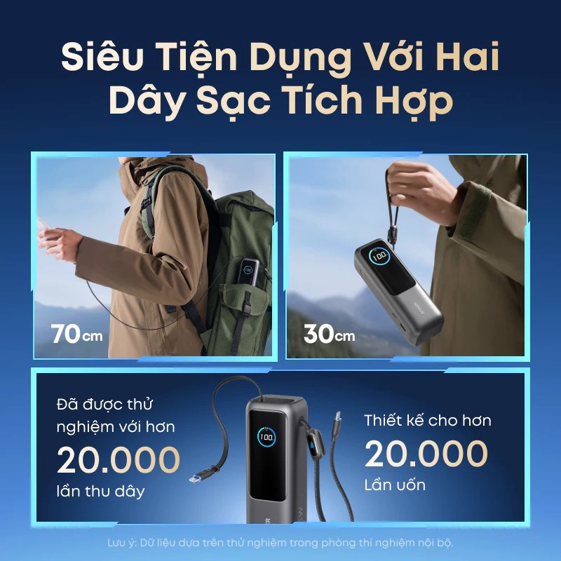 Pin Sạc di động Anker Zolo 25.000mAh| Công suất 165W | Tích hợp 2 cáp USB-C có thể rút gọn | Có màn hình-A1695 | BigBuy360 - bigbuy360.vn