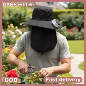 Littleloves1 Vành Rộng Mũ Chạy Bằng Năng Lượng Mặt Trời Cho Nam Chống Tia UV Quạt Làm Mát Mũ Chống Nắng Khăn Choàng Ngoài Trời Thiết Kế VN
