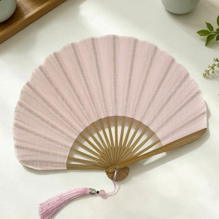 Quạt cầm tay gấp SENRTY, Quạt vỏ Mini bằng vải lanh Cotton màu trơn, Khung tre cổ điển với tua rua Hình vỏ Retro Quạt cầm tay Đạo cụ khiêu vũ