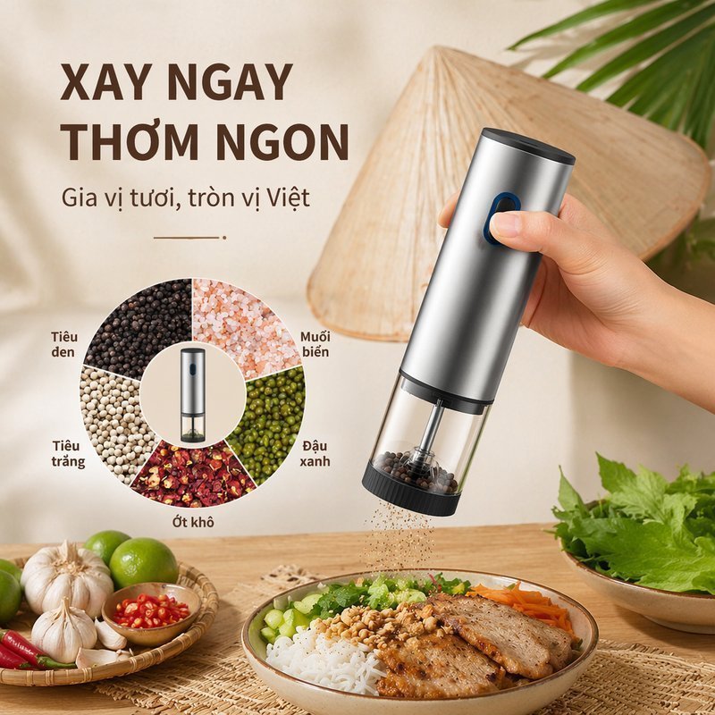 máy xay tiêu điện mini inox cảm biến nghiêng sạc type c lõi gốm chỉnh mịn xay muối gia vị
