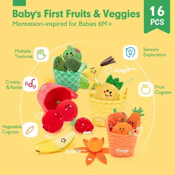 Hahaland Đồ Chơi Cảm Giác Cho Bé-16 Miếng Trái Cây Đầu Tiên Của Tôi Phân Loại Màu Rau Quả Trò Chơi Thực Phẩm Có Gấp, Lục Lạc, Đồ Chơi Cho Bé 6-12 Tháng Đồ Montessori Thích Hợp Cho Bé Trai 1 Tuổi Bé Gá