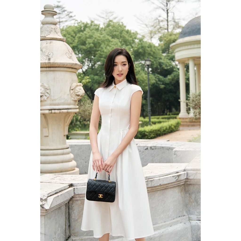 Đầm công sở ELLA DORA cổ sơ mi tay hến phối nẹp giấu cúc dáng dài hiện đại dễ mặc màu TRẮNG [D299]