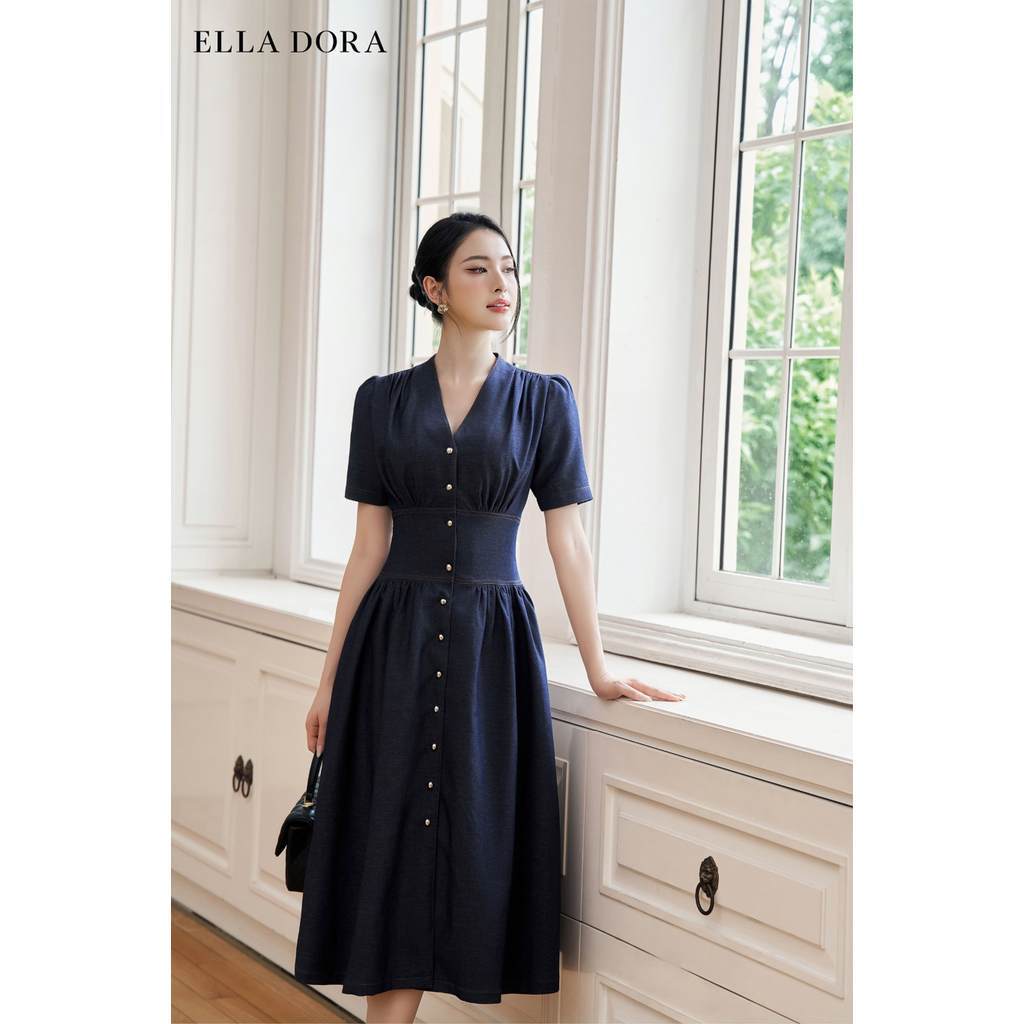 Đầm Denim nữ ELLA DORA cổ V rúm eo phối cúc đồng dáng dài công sở dễ mặc 4 mùa màu XANH ĐẬM [D239]