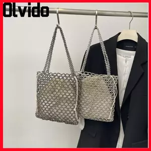 Túi Tote đính cườm ngọc trai OLVIDO, Thiết kế rỗng với túi đeo vai bên trong, Túi xách vuông pha lê lấp lánh dung tích vừa phải thời trang không có dây kéo dành cho nữ