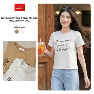 Áo phông nữ CARDINA Cotton tay cộc cổ tròn thêu chữ đính cúc 6ATC32