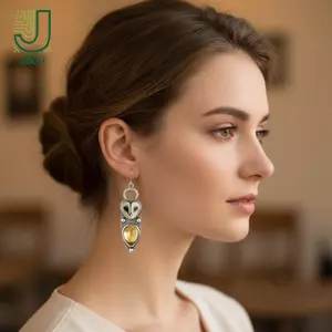 Retro Bạc Barn Owl Dangle Bông Tai Màu Vàng Tự Nhiên Citrine Inlay Mặc Hàng Ngày Dự Tiệc Quà Tặng Cho Nữ