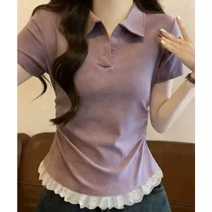 Áo sơ mi POLO in hình dây buộc vai chính hãng phong cách Hàn Quốc Áo thun ngắn tay cho nữ mùa hè Slim-fit Slimm