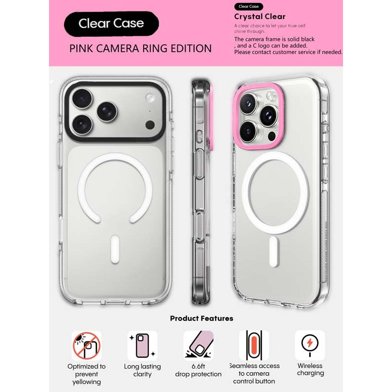 Clear Black HỒNG CAMERA RING PHIÊN BẢN Tác động Hút từ tính Vỏ trong suốt cho IPhone 17 / 16 / 15 / 14 / 13 Pro Max Air với bao bì cao cấp